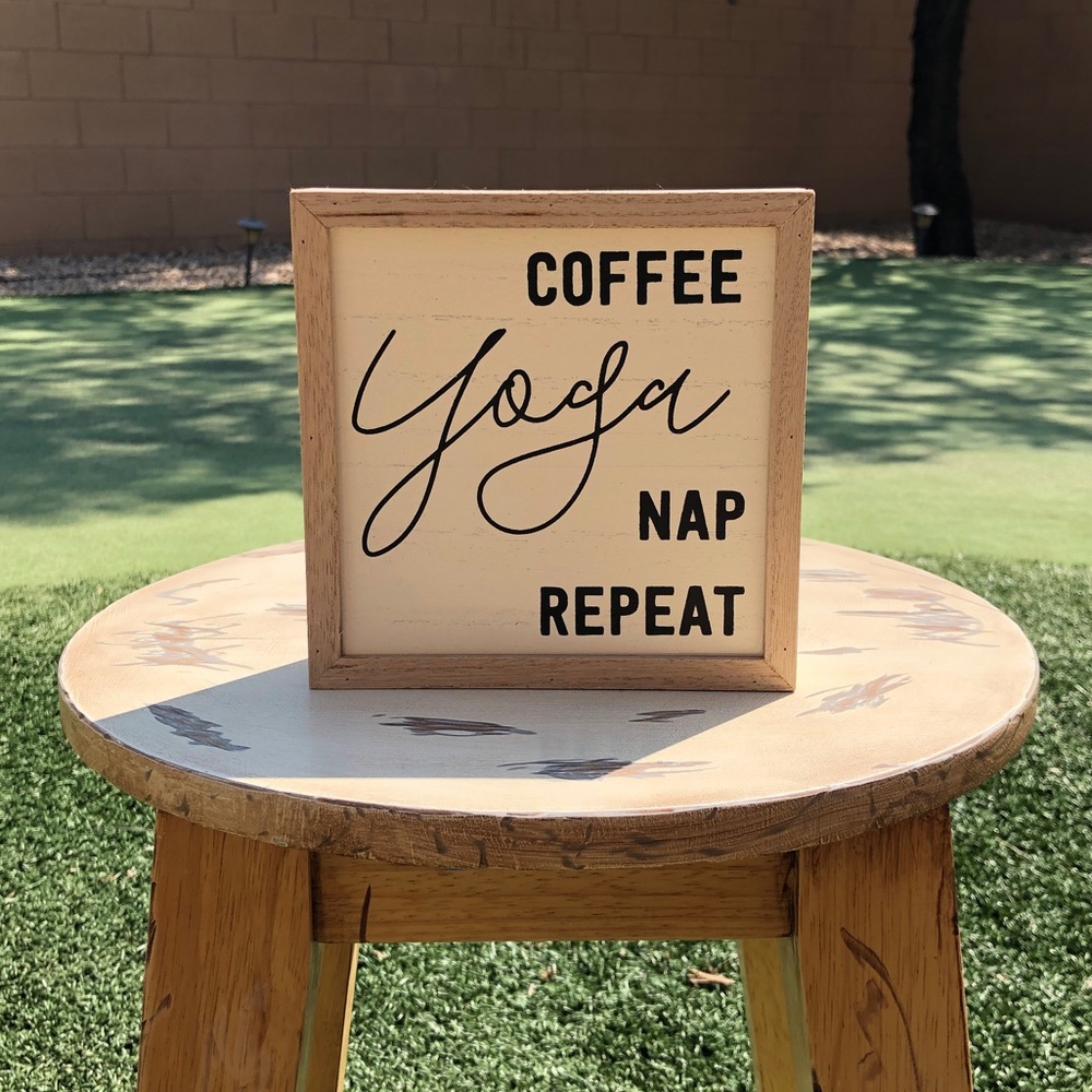 Coffee Yoga Nap Repeat Wood Decor EUC